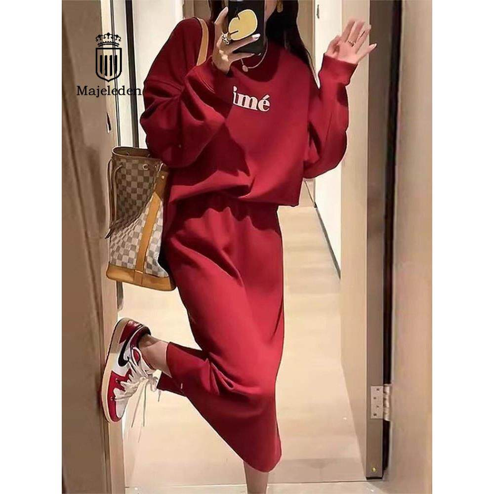 正品2025新款秋季网红小香风减龄洋气红色卫衣半身裙时尚套装女冬