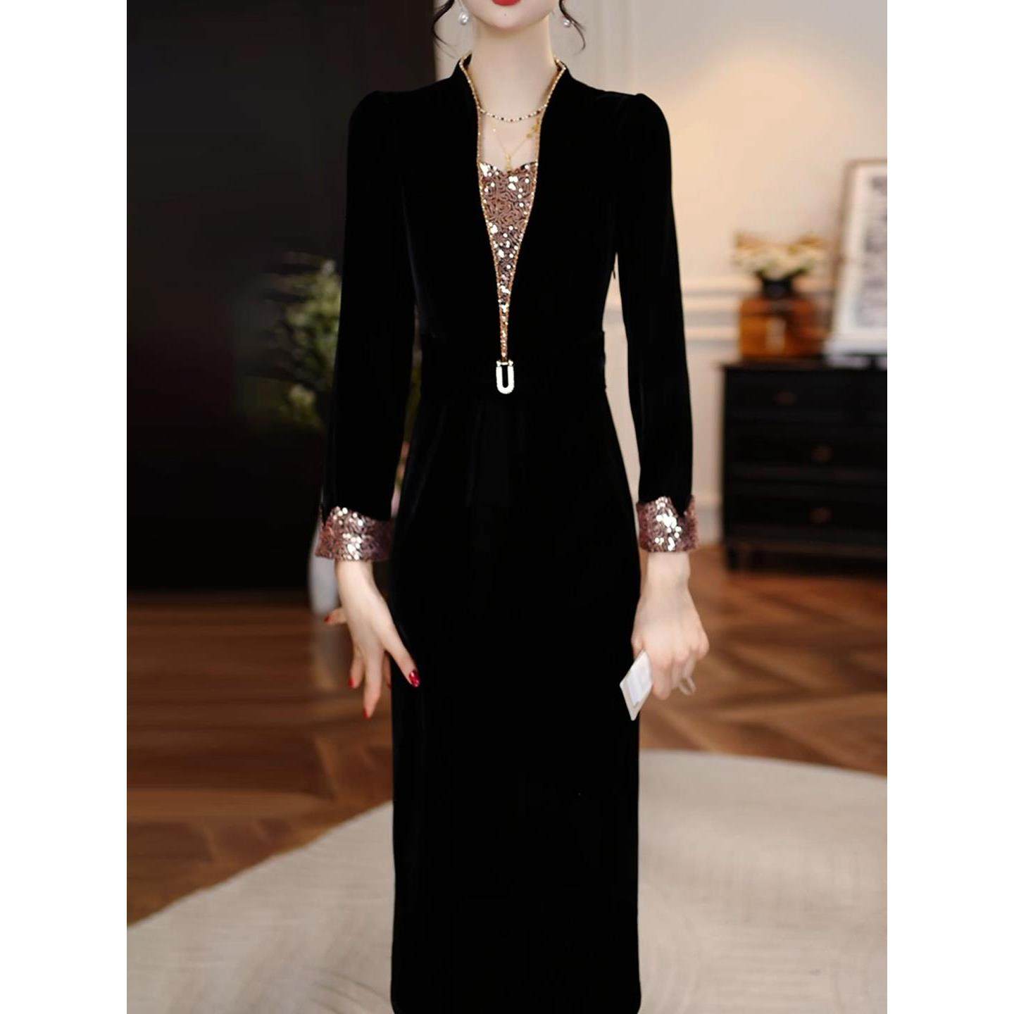 Ocnltiy连衣裙新款女春秋今年流行妈妈高档长袖轻奢高级感晚礼服