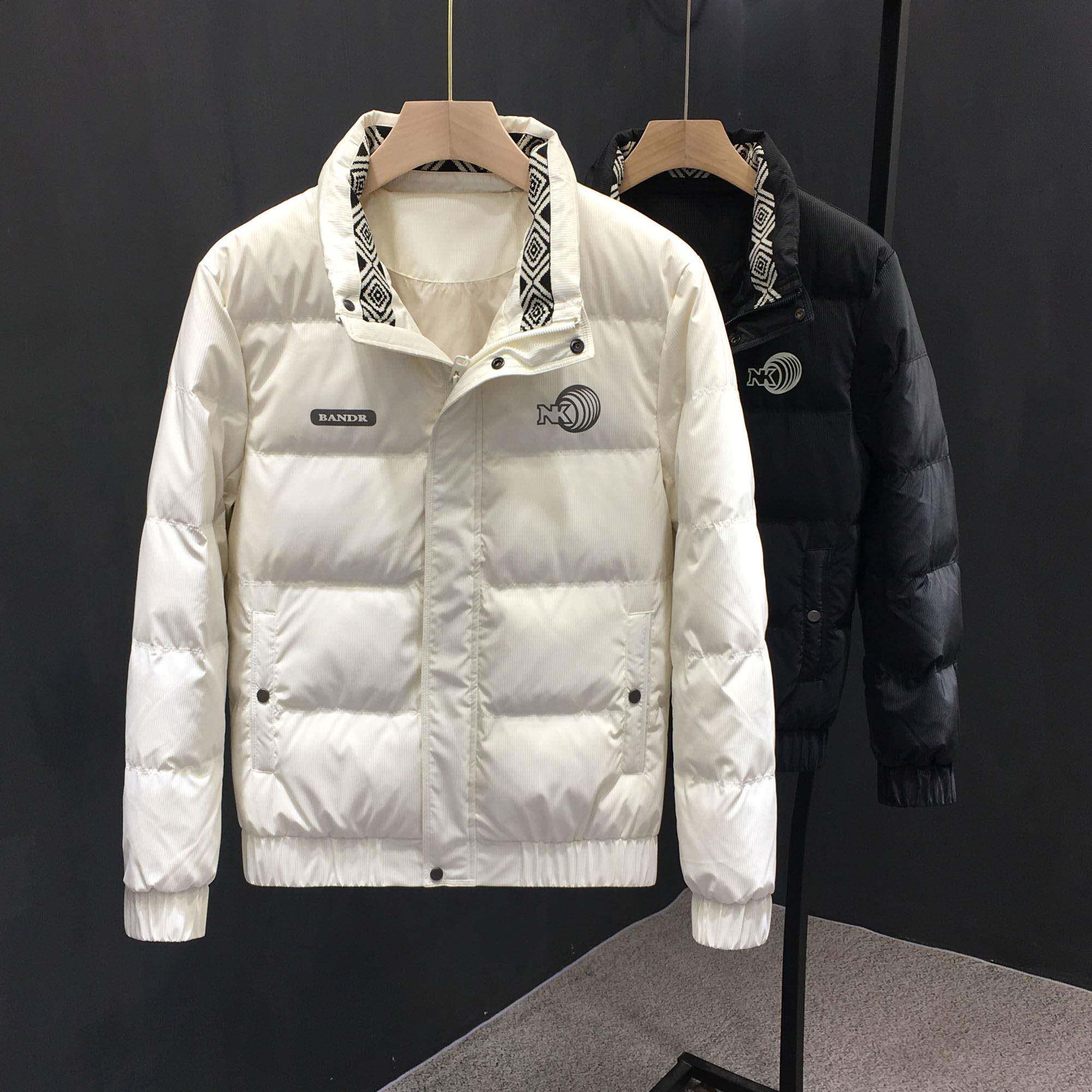 香港轻熟风男立领加厚保暖羽绒服冬季款时尚条纹休闲印花短款外套