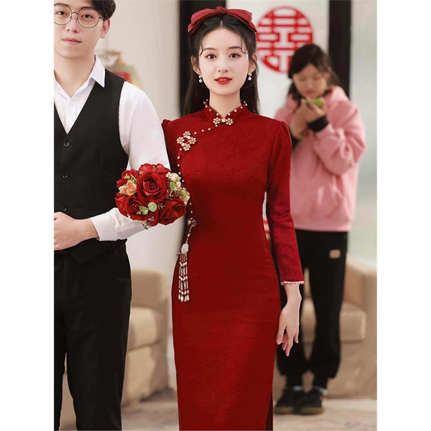 Ocnltiy红色旗袍敬酒服新娘订婚礼服新中式结婚衣服回门长袖女冬