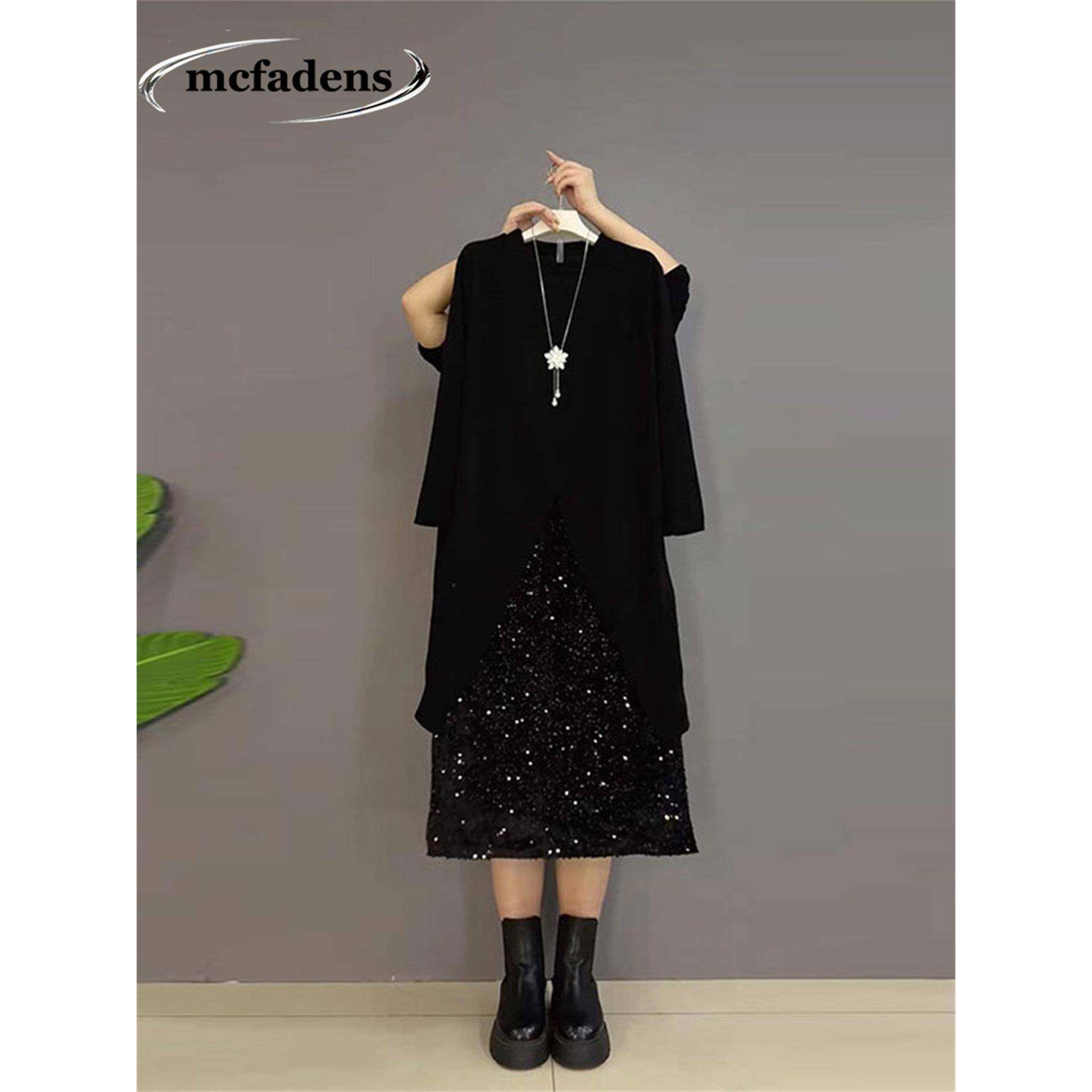 香港大码女装长袖前开叉上衣胖MM冬款显瘦亮片宽松遮胯半身裙套装