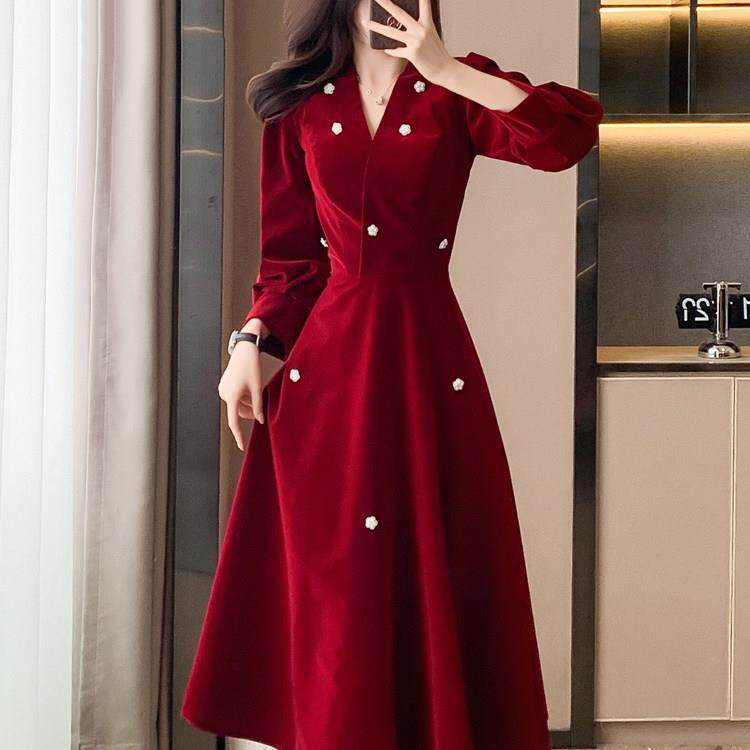 Ocnltiy金丝绒洋装女士高级感法式微胖收腰红色礼服裙子新年战袍