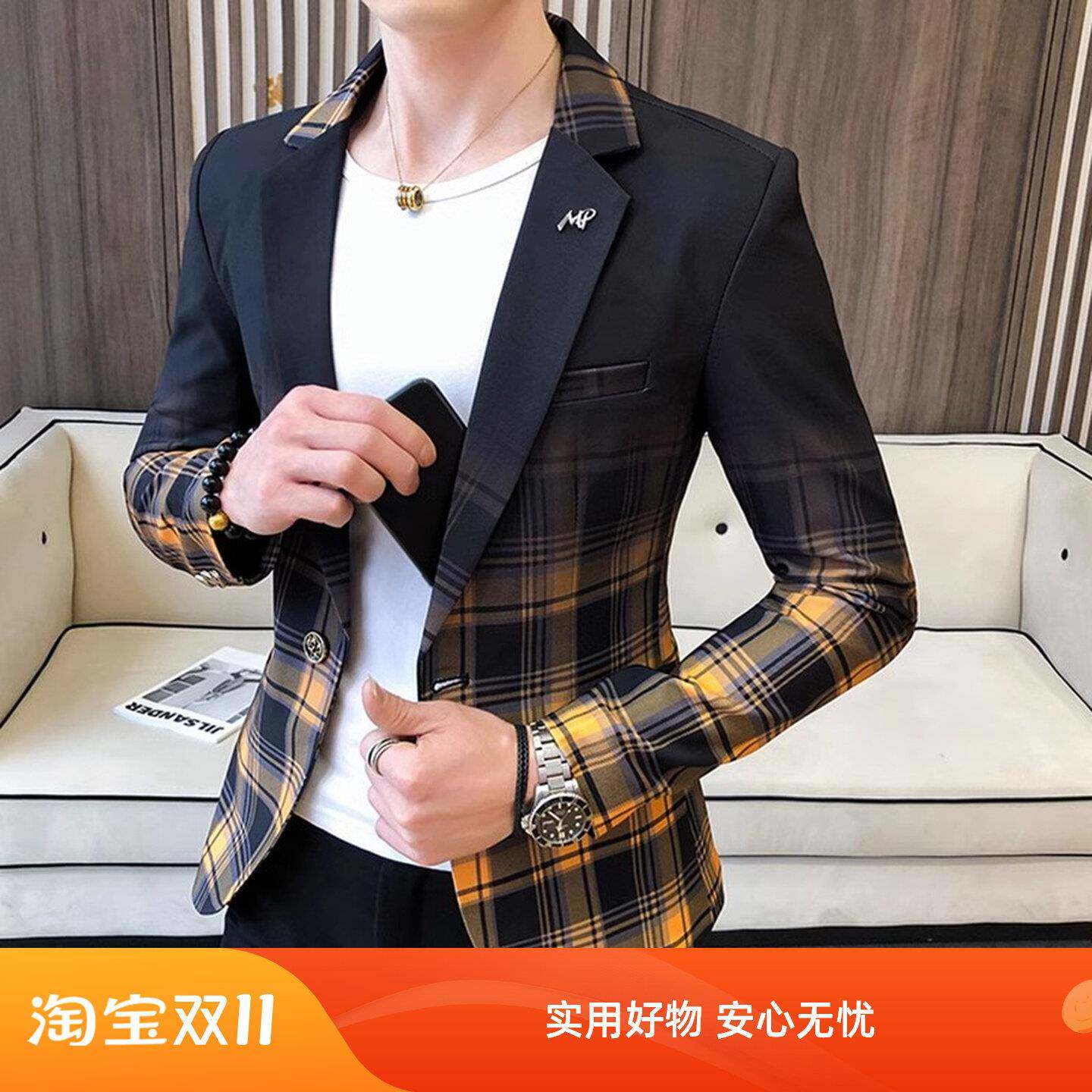 男士高级感格子西服2025春季新款韩版修身潮流百搭休闲小西装外套