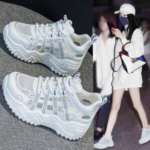 网面夏季内增高女鞋透气2026新款小个子软底不累脚运动镂空老爹鞋