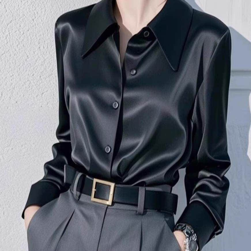 轻奢高端真丝黑色醋酸缎面衬衫女士春秋季新款高级感气质职业衬衣
