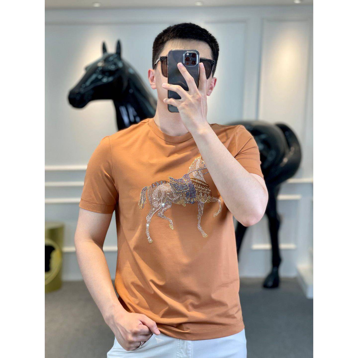 2025新品欧货男士时尚马烫钻短袖圆领休闲 潮流修身丝光棉T恤男