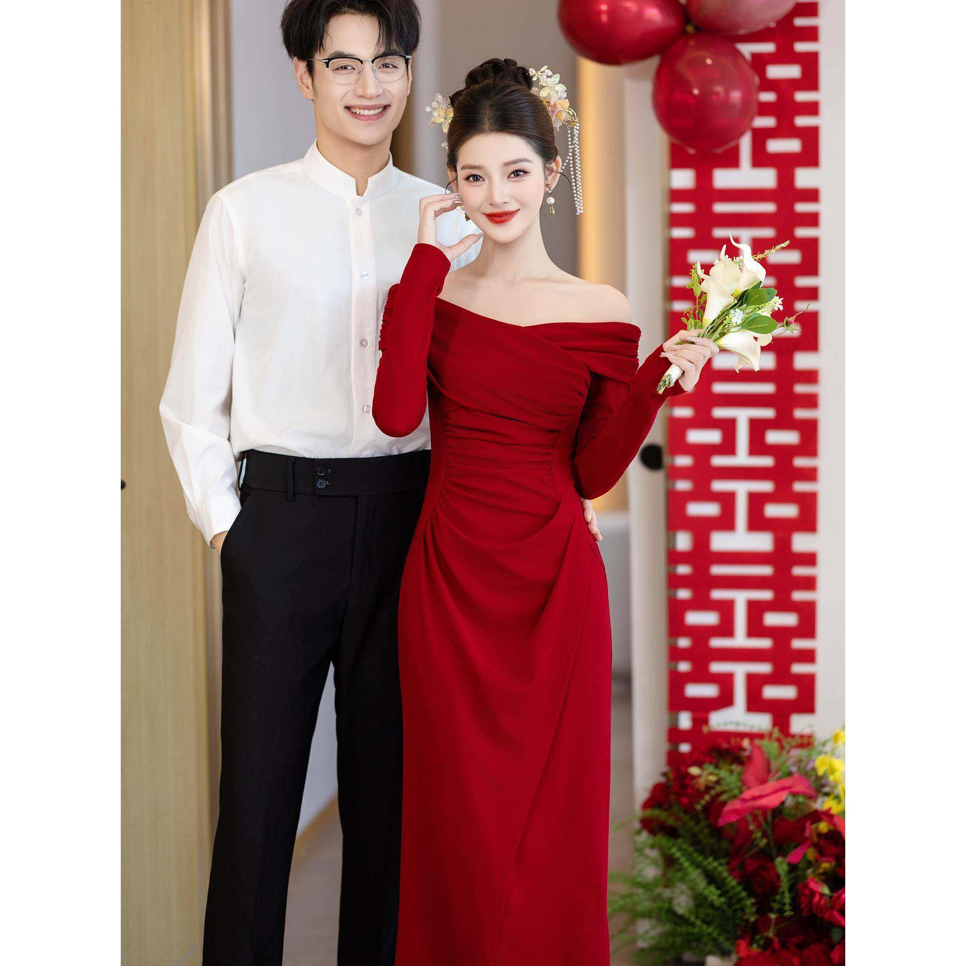 Ocnltiy红色一字肩敬酒服新娘新款订婚礼服裙日常可穿结婚长袖女