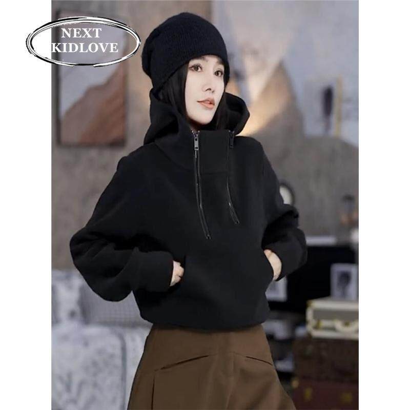 香港欧货小个子立领连帽双拉链短款卫衣女加绒加厚保暖黑色上衣冬
