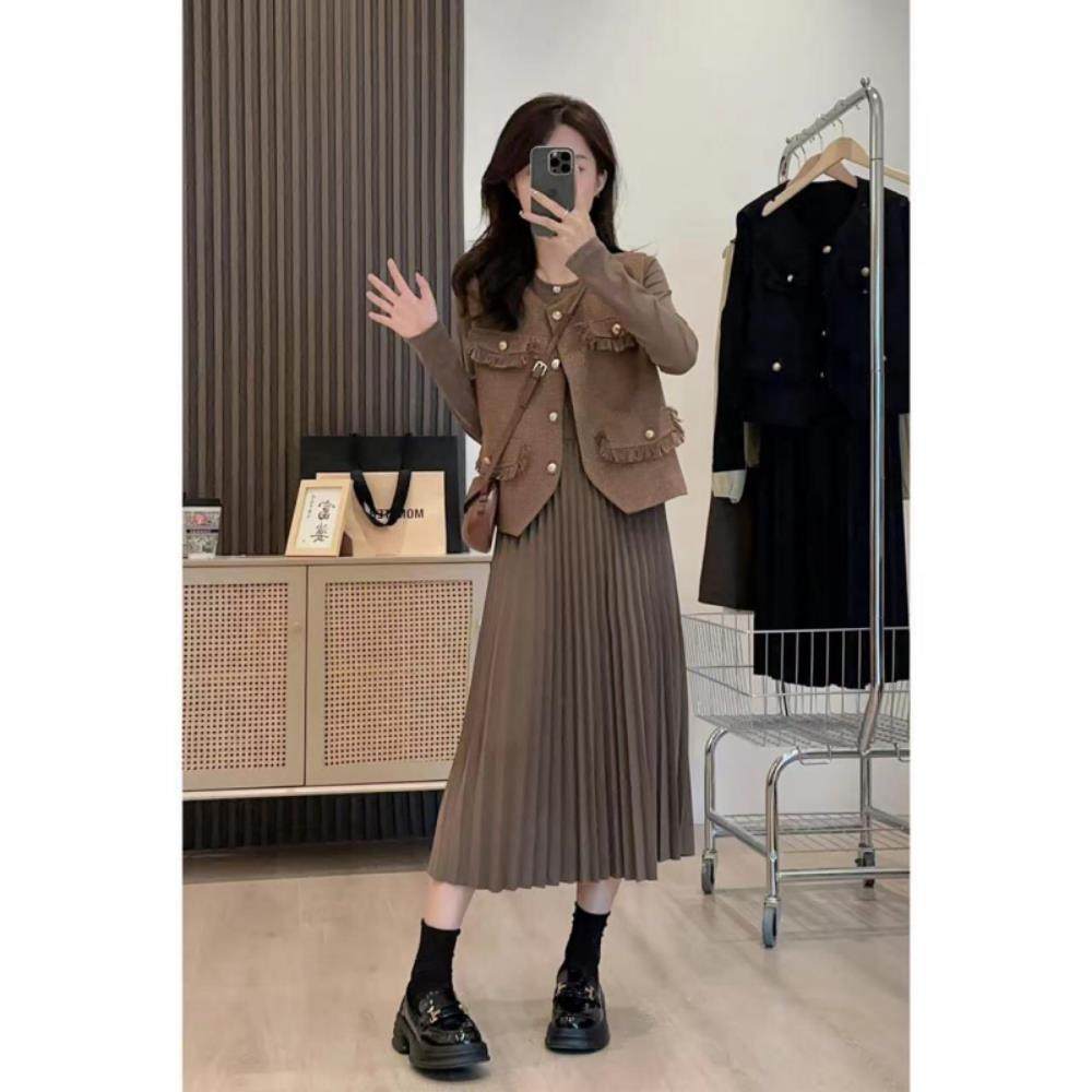 香港小香风气质连衣裙马甲套装女2025春季新款大码胖MM显瘦两件套,女装/女士精品,大码套装,淘宝优惠券,粉丝福利购,淘宝优惠卷