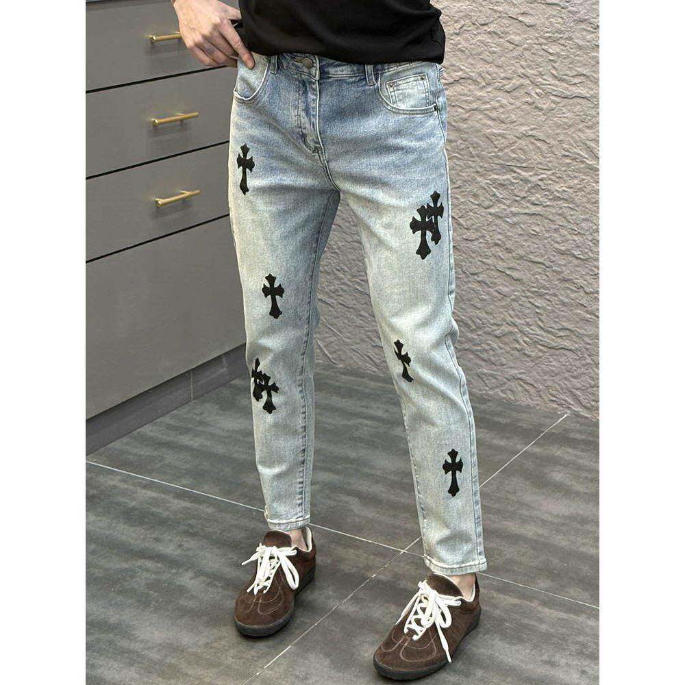 香港烫印浅色牛仔裤男潮牌秋季2025新款个性痞帅修身小脚九分裤