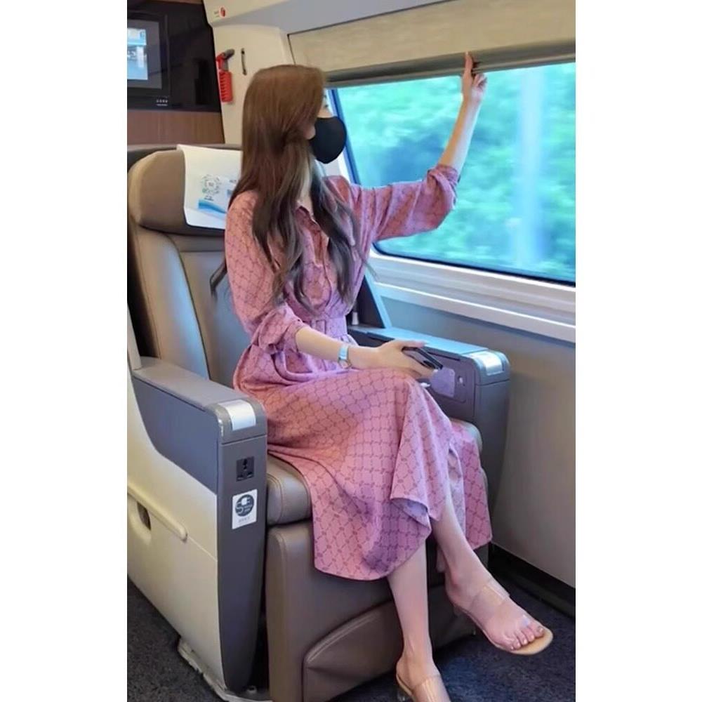 欧洲站春装女款2026年新款法式气质名媛长裙子粉色长袖衬衫洋装