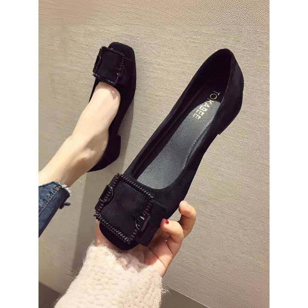 港风轻奢新款~粗跟黑色单鞋女春秋大码方头低跟浅口一脚蹬豆豆鞋,女鞋,雨鞋,淘宝优惠券,粉丝福利购,淘宝优惠卷