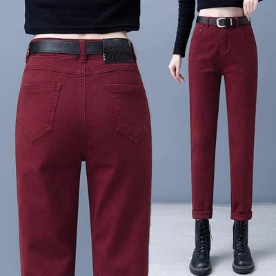 红色直筒牛仔裤女夏季薄款2024年新款高腰宽松小个子窄版烟管裤子