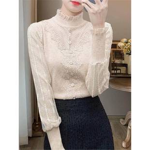 Ocnltiy高领蕾丝打底衫女高级感秋冬季新款内搭针织毛衣上衣洋气