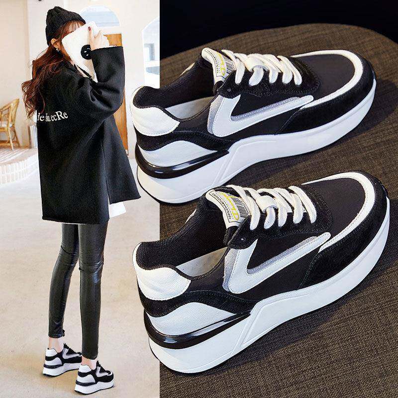 港风轻奢新款~黑色真皮老爹鞋女2025春秋厚底百搭增高运动休闲鞋