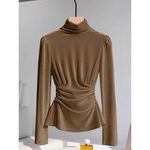 法式轻奢咖色半高领上衣女士新款时尚百搭高级感收腰丝绒长袖小衫