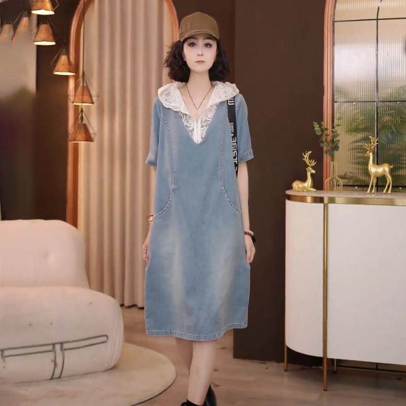 香港宽松显瘦中长款牛仔裙子女2025夏季新款蕾丝拼接假两件连衣裙