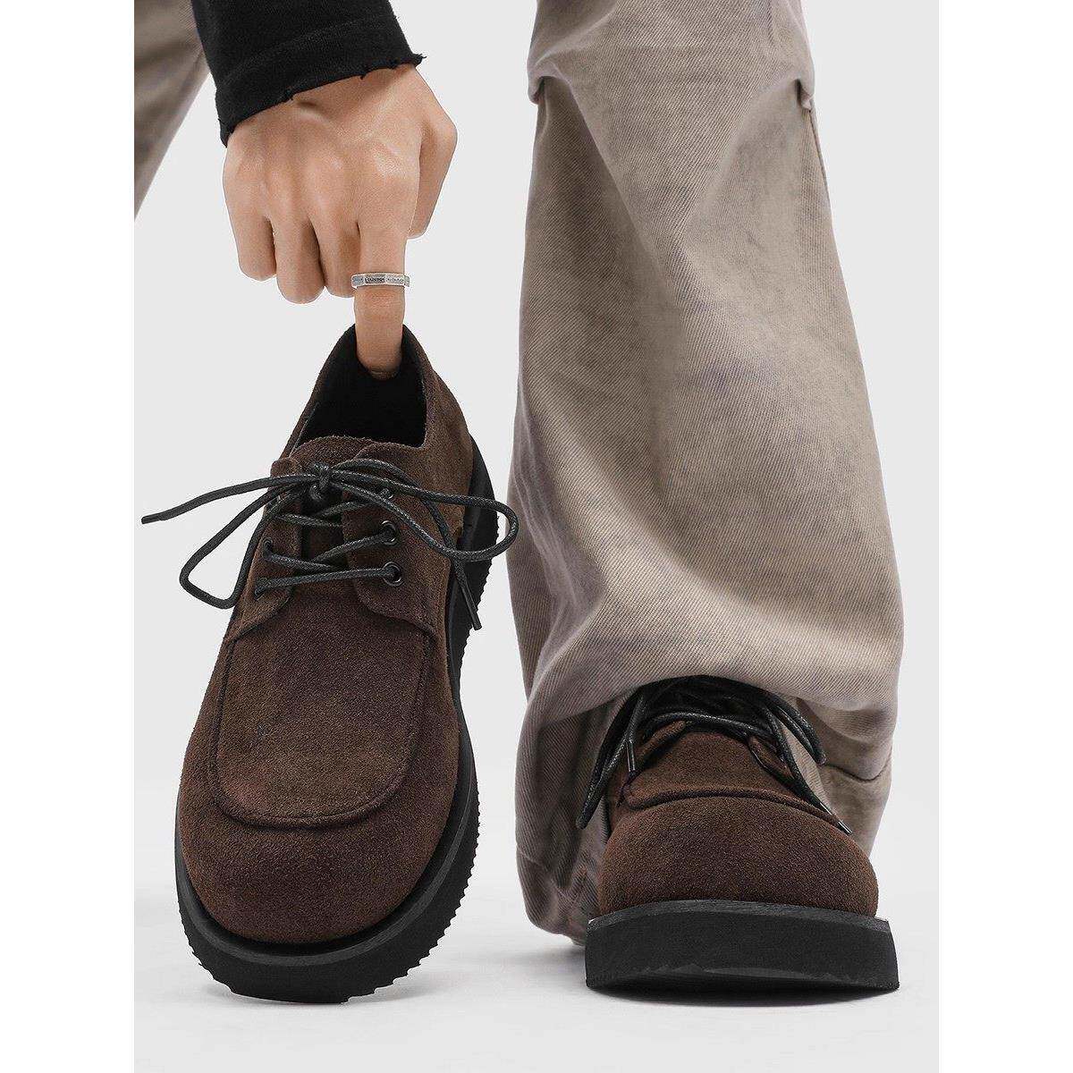 潮牌休闲皮鞋男款春秋季高级感翻毛工装鞋耐磨百搭大头厚底德比鞋