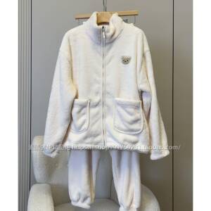 韩版情侣款小熊刺绣立领拉链睡衣女冬季双面加绒加厚外穿家居服男
