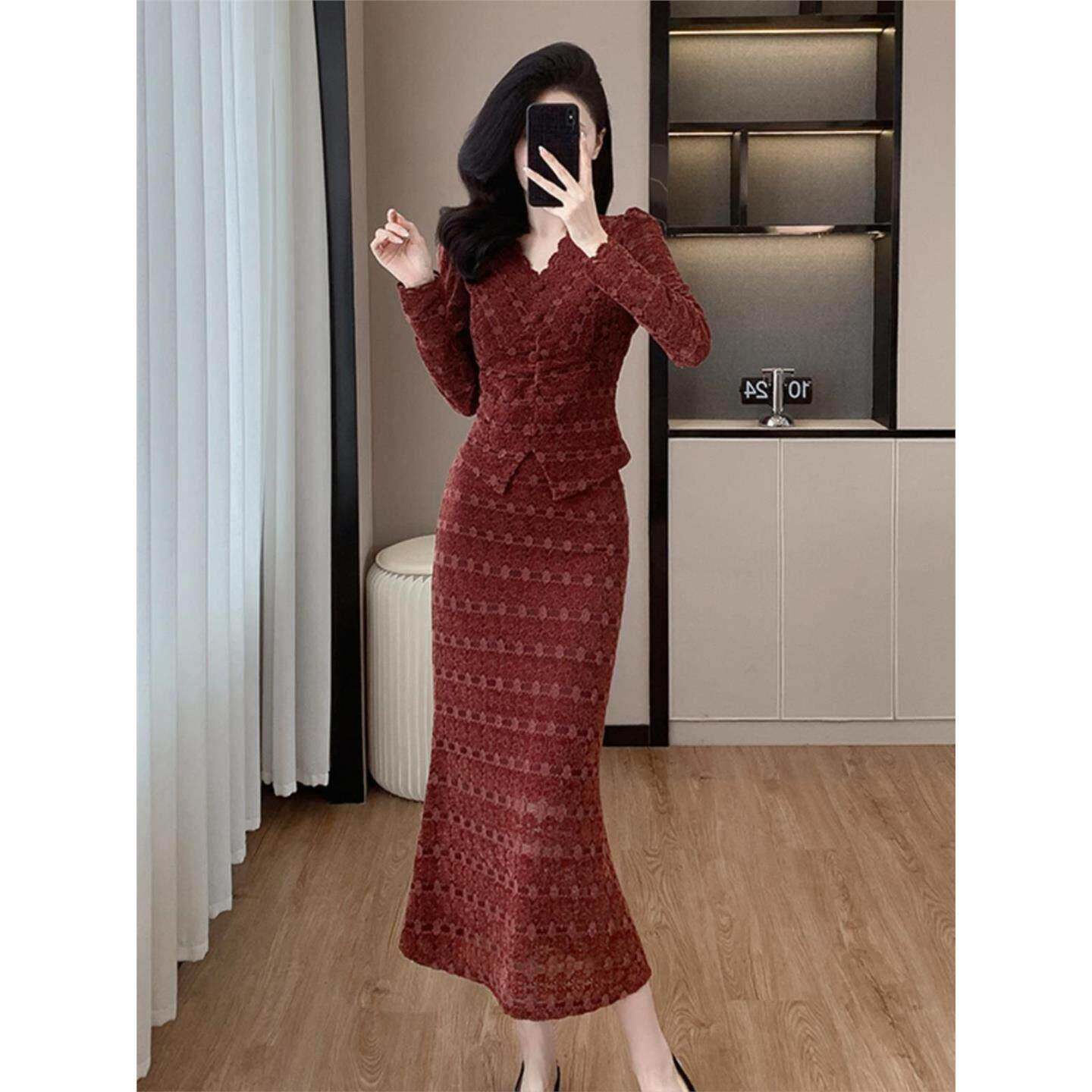 Ocnltiy名媛轻奢蕾丝套装裙子女秋冬高级感上衣包臀半身裙两件套