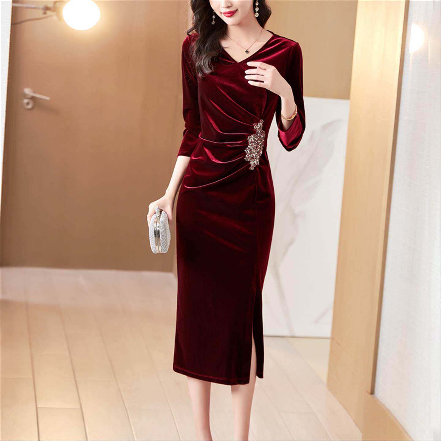 Ocnltiy酒红色金丝绒连衣裙女冬新款高档V领喜婆婆婚宴装礼服长款