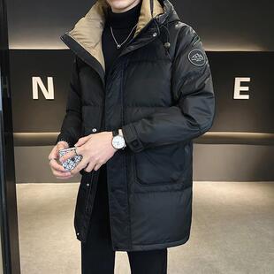 羽绒服男中长款冬季2024新款潮牌连帽加厚青年白鸭绒防寒男士外套