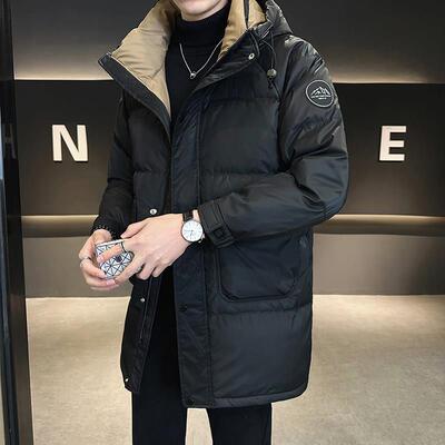 羽绒服男中长款冬季2024新款潮牌连帽加厚青年白鸭绒防寒男士外套