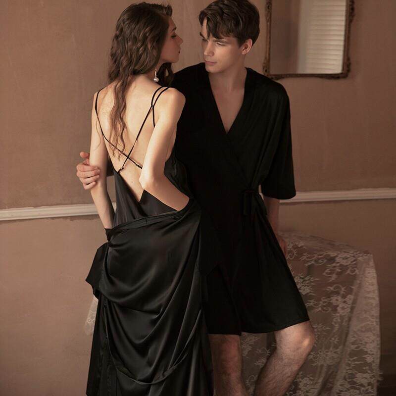 CLAUDIE HOME情侣睡衣夏款冰丝短袖露背吊带睡裙睡袍男家居服套装