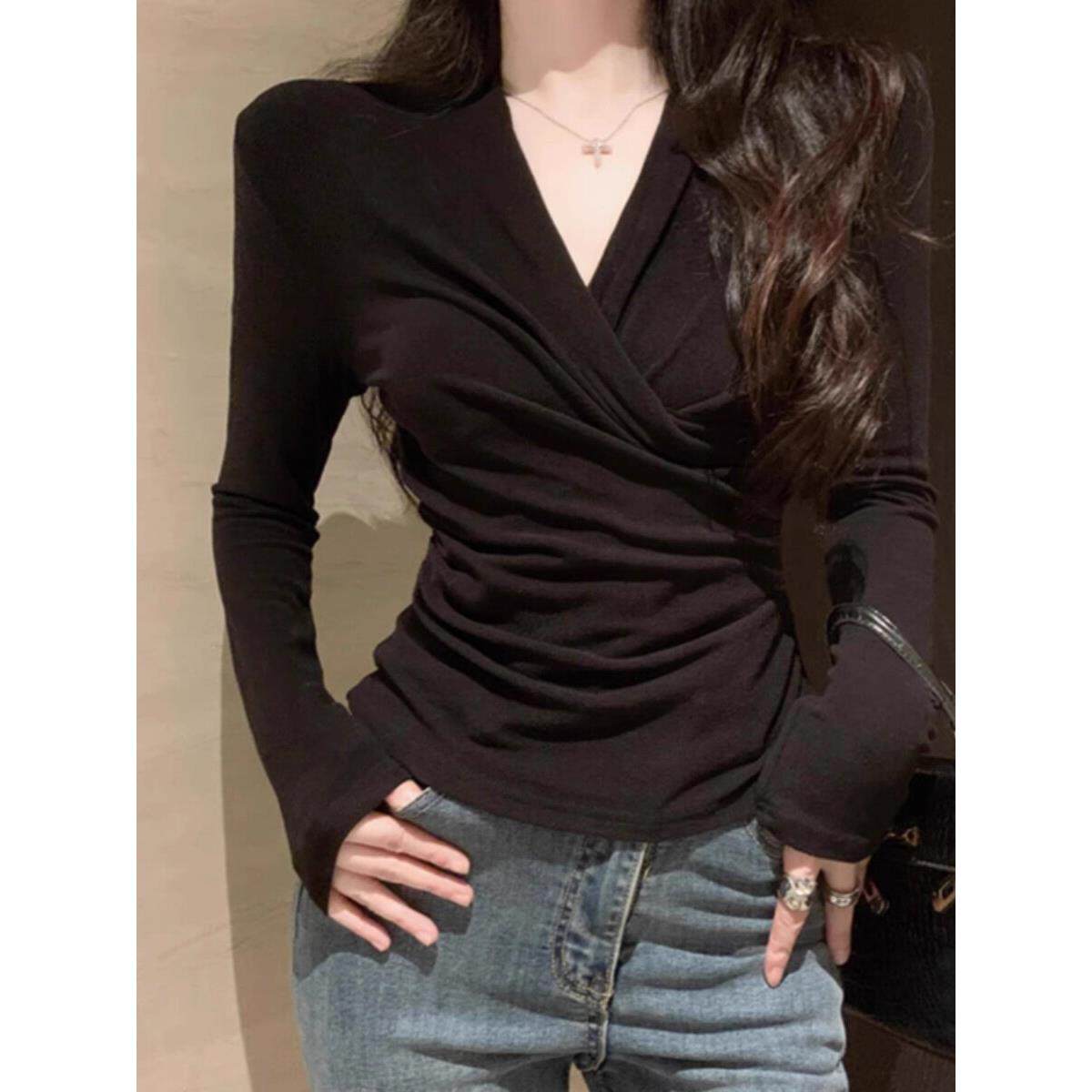 韩国黑色V领交叉打底衫女秋冬高级感内搭修身收腰紧身长袖t恤上衣