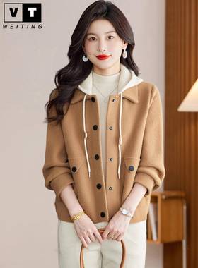 WEI TING连帽彷貂毛毛衣短款外套女春秋2025新款时尚洋气针织开衫