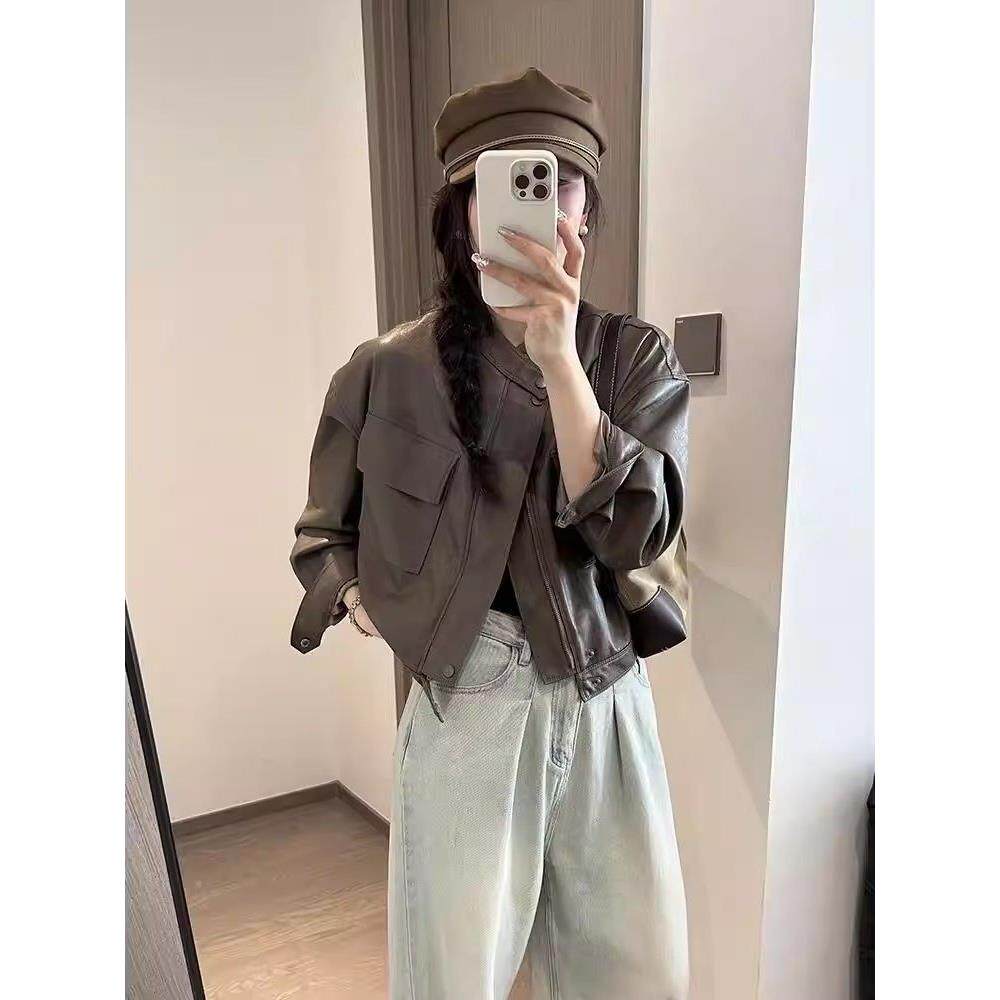 香港翻领短款pu皮衣高级感小众机车服2026春秋女士显瘦宽松短外套