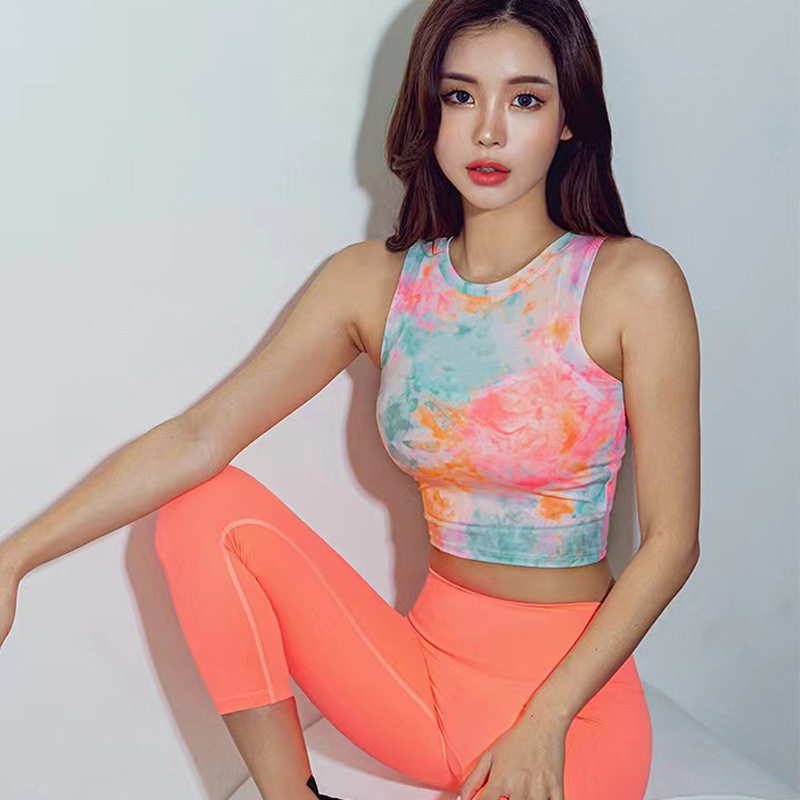 韩版瑜伽服女扎染个性含胸垫高弹
