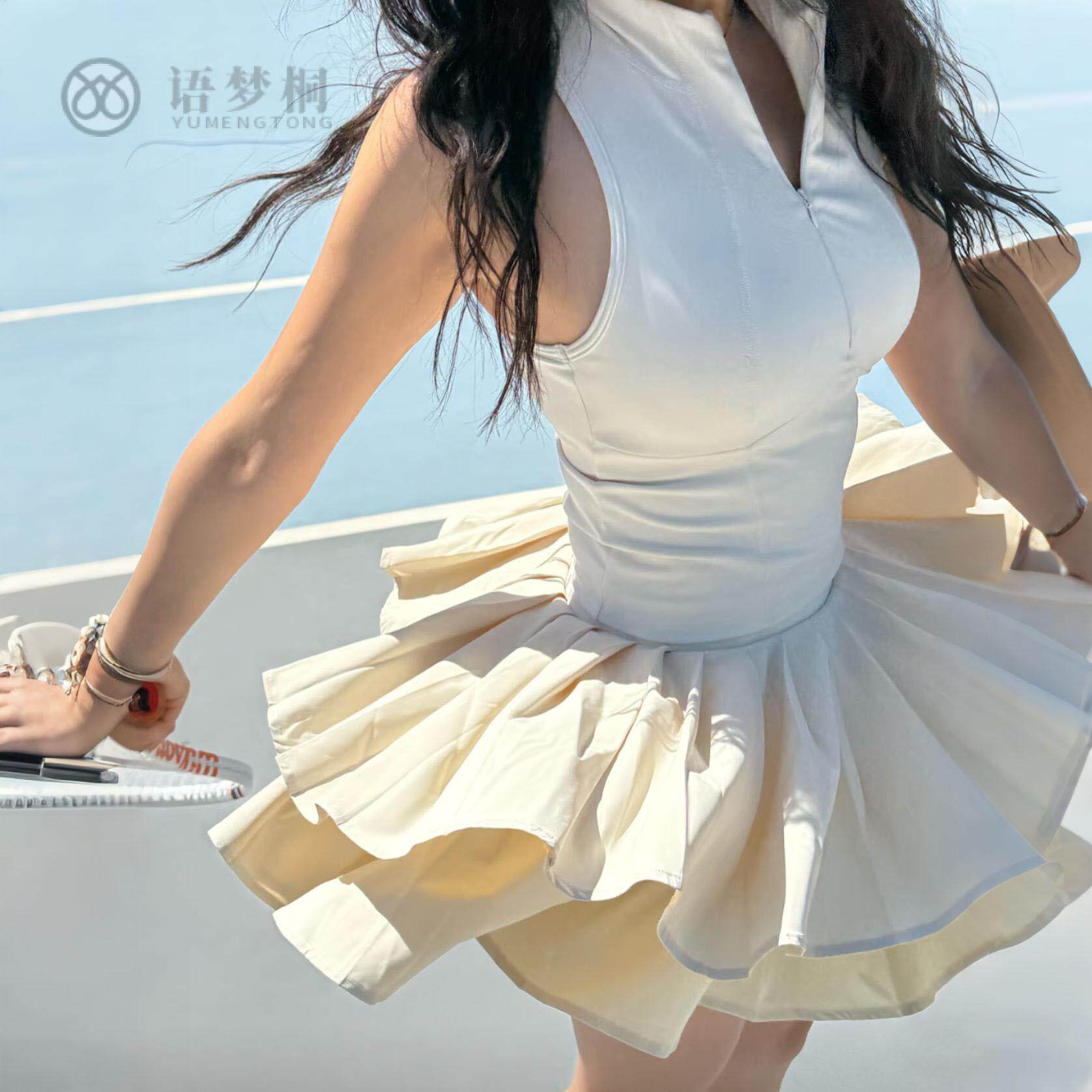 夏季新款女士弹力双层百褶裙运动网球套装带胸垫防走光羽毛球裙