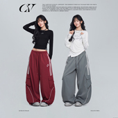 机能赛道 双杠运动裤 跳舞酒红嘻哈宽松直筒工装 CV新广场舞潮牌 裤