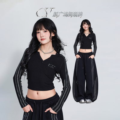 CV新广场舞潮牌黑色跳舞烫钻时尚套装女短款爵士上衣宽松直筒长裤