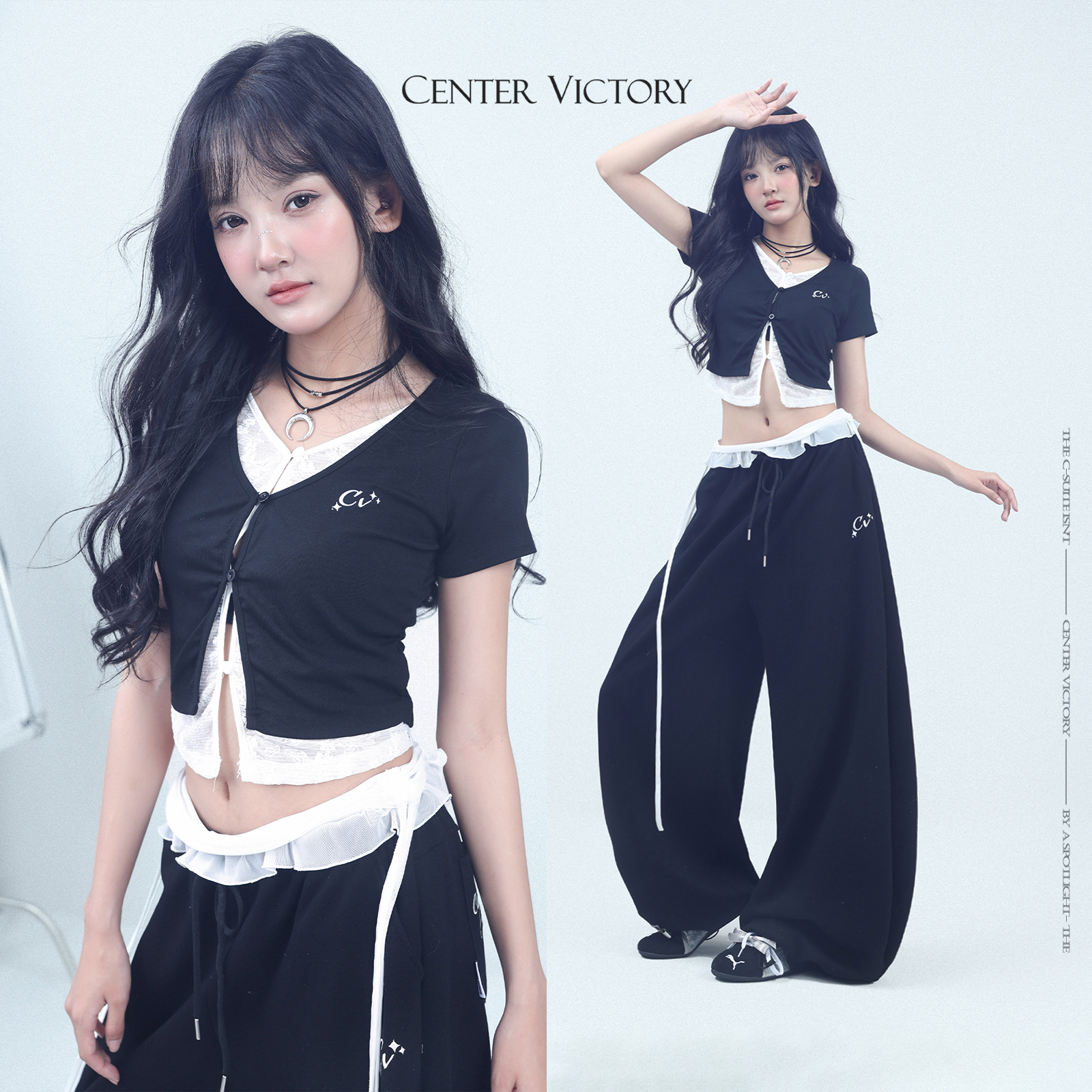 CV新广场舞潮牌黑色跳舞时尚套装女假两件撞色上衣网纱拼接运动裤
