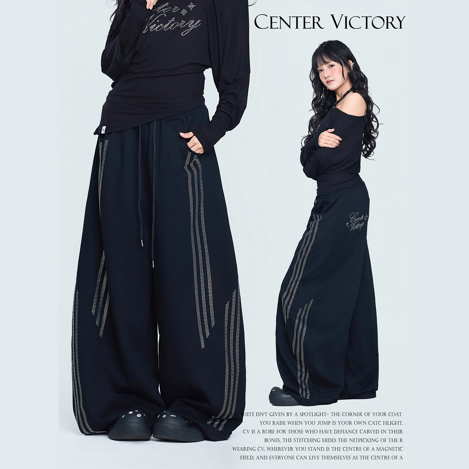 CV新广场舞潮牌"亮闪钻石三杠长裤"黑色新款设计感跳舞嘻哈运动裤