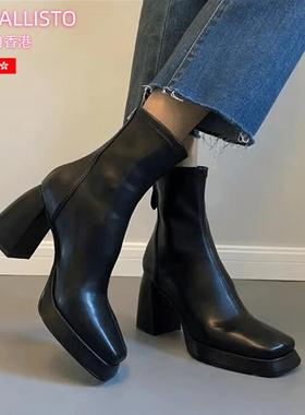 香港LINKALLISTO短靴女高跟粗跟防水台后拉链2025新款秋冬高跟鞋