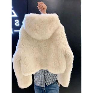 Supdorx秋冬覆古法国风格 小羊羊毛极地羊毛连帽短外套加厚上衣