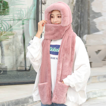 2025帽子围巾一体毛绒冬季女妈妈保暖女士围脖连帽骑车中老年冬天