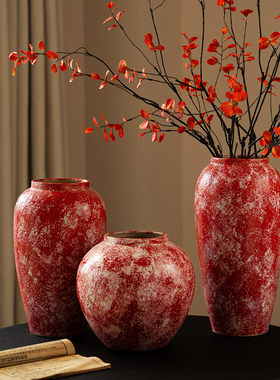 新中式复古陶瓷花瓶客厅玄关大号落地摆件高级感红色水养插花陶罐