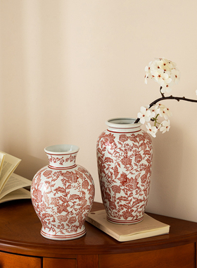 新中式红色青花瓷陶瓷花瓶客厅水养插花复古高级感餐桌装饰品摆件