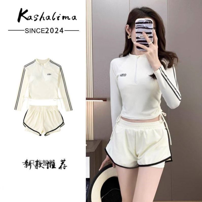 分体泳衣女2025新款长袖防晒高腰平角保守专业运动游泳温泉两件套