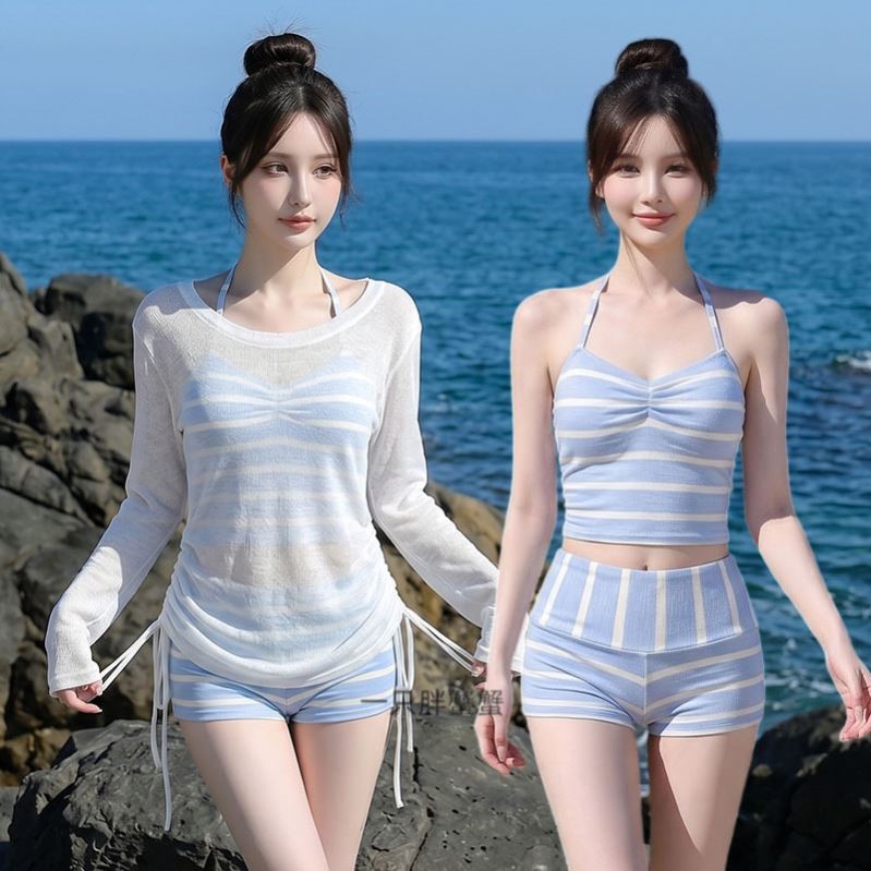 泰式绝美条纹分体比基尼小胸聚拢遮肉保守纯欲风甜美度假泳衣女夏
