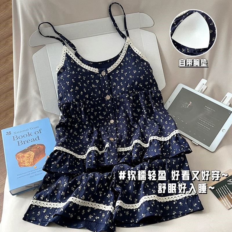 韩版吊带短裤带胸垫睡衣女夏季甜美碎花薄款宽松可外穿家居服套装