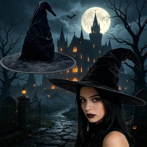 Halloween Black Faux Fur Witch Hat万圣节黑色绒布褶皱巫婆帽