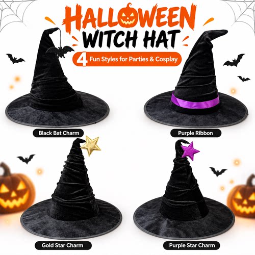 Halloween Witch Hat Black Felt Witch Hat万圣节女巫师帽黑色绒