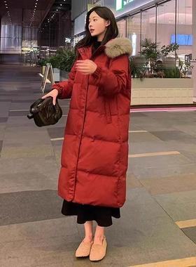 Capacity Kiss红色羽绒服女冬季新款白鸭绒长款时尚加厚连帽外套