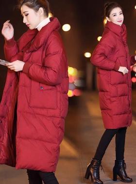 Capacity Kiss羽绒服女冬中长款宽松红色黑色立领白鸭绒外套加厚