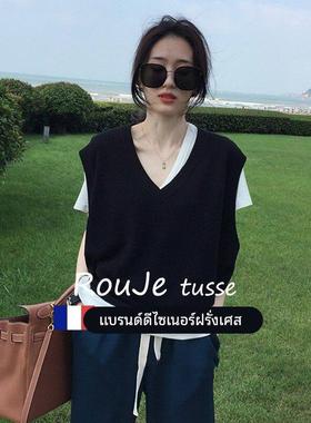 Rouje tusse黑色针织马甲女宽松秋冬上衣v领坎肩背心羊绒毛衣外搭